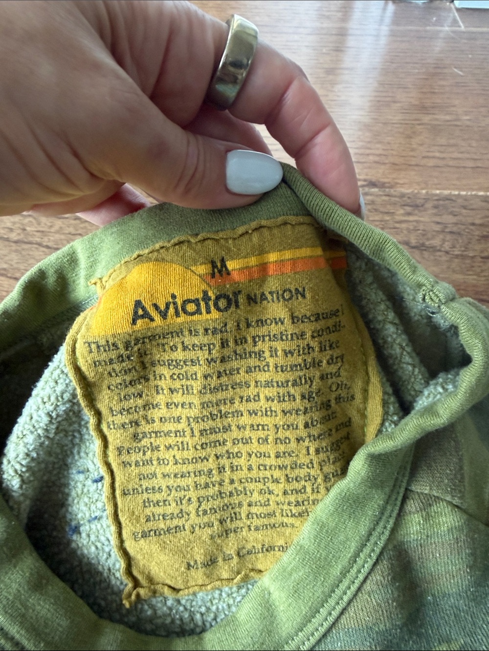 Aviator Nation Green Camo Crewneck with Blue AV and Rainbow Stripes - Picture 2 of 4